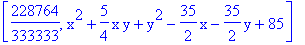 [228764/333333, x^2+5/4*x*y+y^2-35/2*x-35/2*y+85]